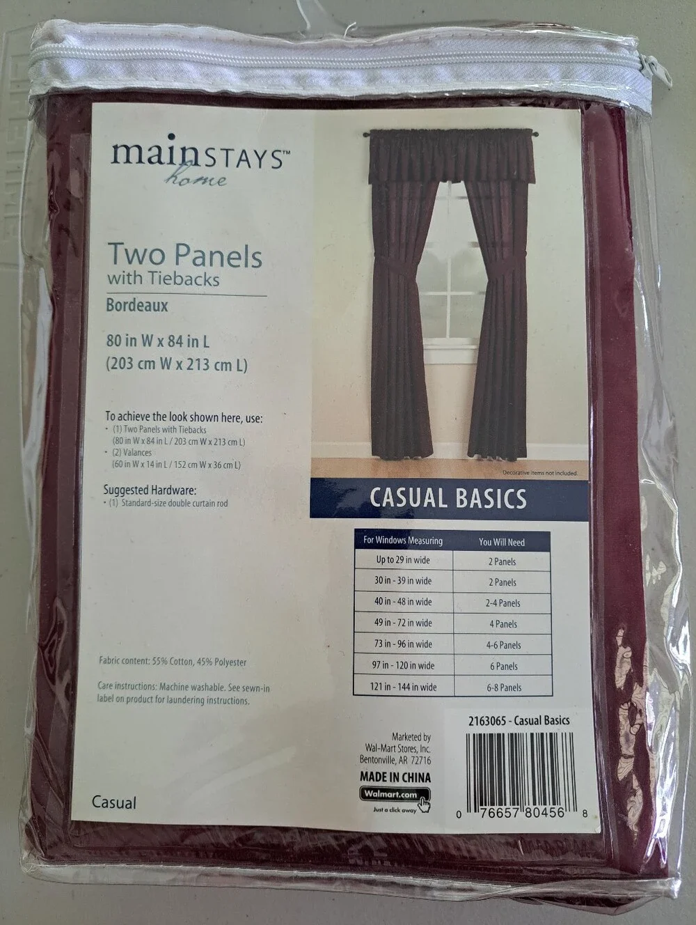 NEW Mainstays Home Casual Basics Bordeaux Curtain Panels Set Of 2, 80 X 84 in